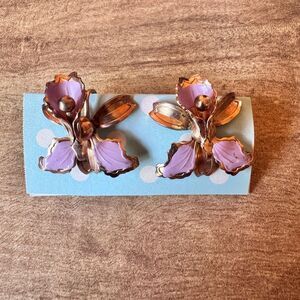 Purple Lilac Orchid Clip On Earrings Enamel Gold Tone Spring Fairy Cottagecore